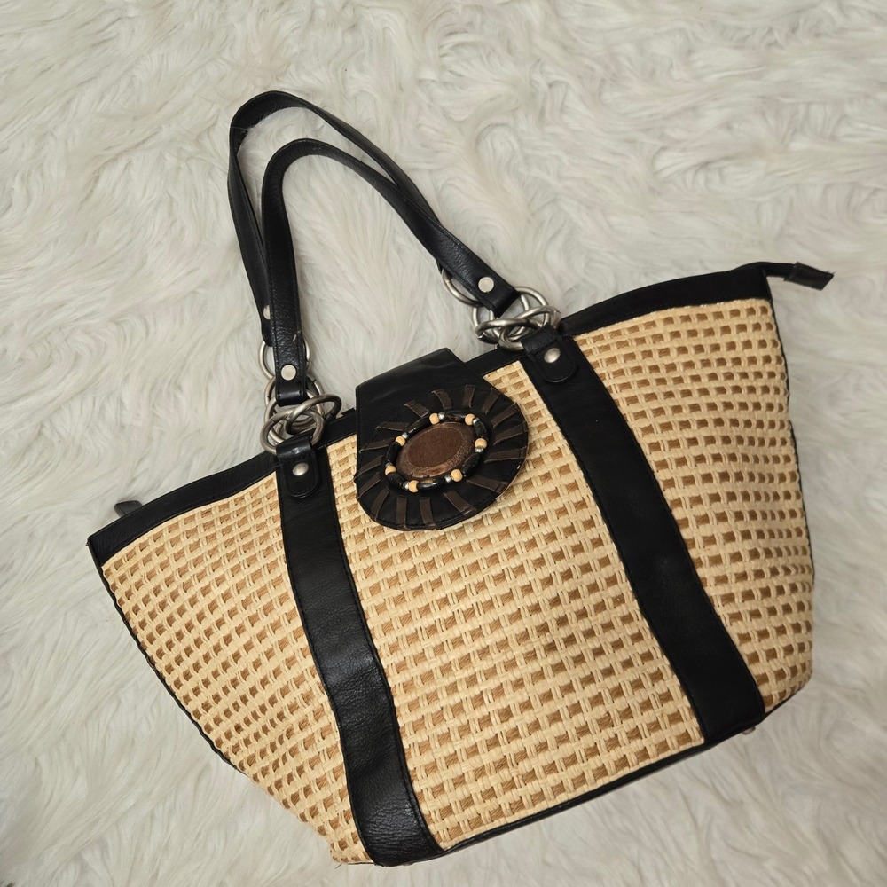 Kate Landry Woven Straw Tote Bag Black Faux Leather Trim Silver Ring Hardware